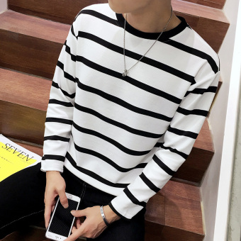 BIG SIZE Men's new Korean fashion slim Long-Sleeved T-shirt with stripes(WHITE) - intl  