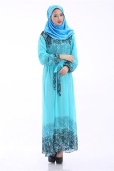 Big size muslim women lace slim Long dress baju kurung Arab Loose-fitting clothing wear anklet length Special for Ramadan(Blue) - intl  