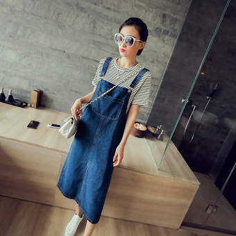 Bigcat Large size Korean version loose denim straps long section college dress style dress for women - intl  