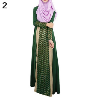 Bluelans Muslim Arab Jilbab Abaya Islamic Ethnic Lace Splicing Long Sleeve Maxi Dress L (Green) - intl  