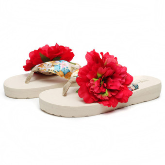 Bohemia Flowers beach Anti-skidding Flip Flops Summer Platform Wedges Sandal For Women (red) - intl  