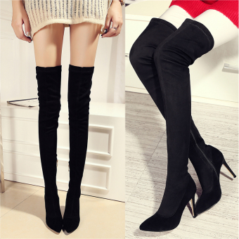 Boots female winter genuine leather high-leg scrub boots thin heels pointed toe over-the-knee tall boots high-heeled boots(black) - intl  