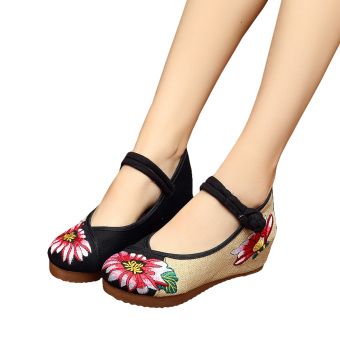 Bordiran bunga Veowalk wanita katun linen kasual sepatu platform Mary Jane gesper 5 cm wanita pertengahan tumit sepatu kanvas baji Hitam - Internasional  
