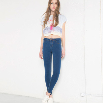 Brief Style Women Slim Dark Blue Mid Waist Zipper Elastic Classical Jeans Plus Size 36(Dark blue) - intl  