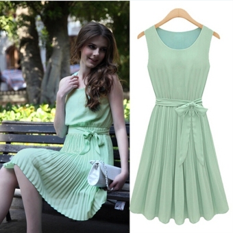 C192 Fashion Lady's Green Summer Slim Party Solid Dress Sleeveless Belt Dress - intl  