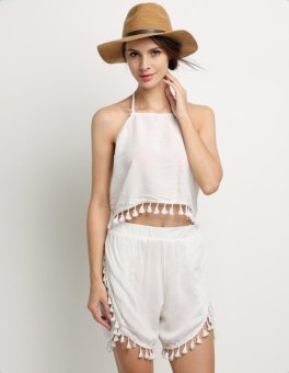 C1S Backless Tassel Halter Top and Shorts Two Piece Set (White) - intl  