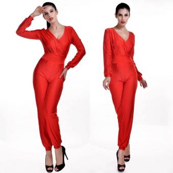 C1S Stylish Lady Deep V-Neck Jumpsuit Long Romper(Red) - intl  