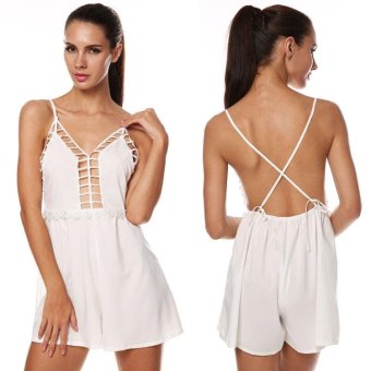 C1S V-Neck Strap Backless Lace Patchwork Hollow Out Loose Short Jumpsuit (White) - intl  
