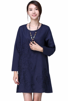 Casual Long Sleeve Embroidered Women's Autumn Loose Cotton and Linen Shift Dress Size M Dark Blue  