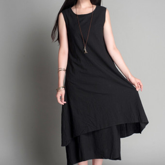 Casual Loose Sleeveless Long Dress Solid O-neck Women's Maxi Dress Black - intl  