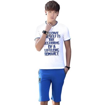 Casual Round Collar Short Sleeve Letter Print T-Shirt Drawstring Color Block Shorts Twinset for Men  
