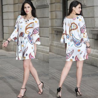 Casual Straight Dresses for Women Floral Print Slash Neck Long Sleeve Swing Short Dress(A) - intl  