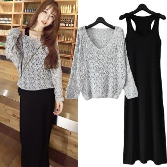Casual Two Layers Batwing Sleeve Knit Silm Dress Two Pieces Korean Style V-Neck Maxi Women Dress (Gray) - intl  