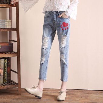 Casual Women Denim Pants Loose Ripped Bleached Washed Jeans Embroidery Harem Pants Student Nine Pants FZ149 - intl  