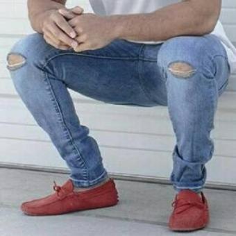 Celana Jeans Denim Pria Sobek Ripped Lutut - [Biru Muda]  