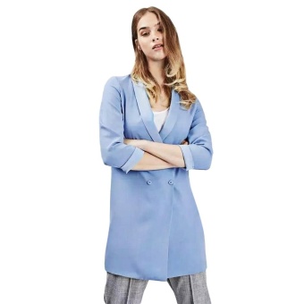 Chic Turn-down Collar Three Quarter Sleeve Pure Color Button Design Women Suit(AZURE)(Size:L)(Int:S) - intl  