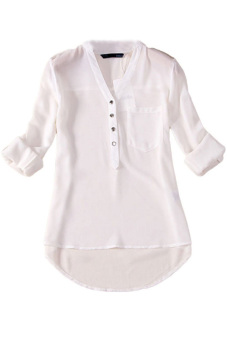 Chiffon Deep V Neck Buttons Down Adjustable Sleeves T-Shirt (White)  