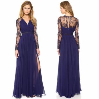Chiffon Dress lace Stitching Chiffon Dress Side Split Dark Blue - intl  