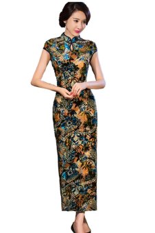 Chinese Brocade flower print stand collar cheongsam JY010 Î“Ã‡Ã´ Dark blue  