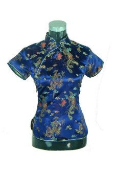 Chinese Silk/Satin dragon and phoenix blouse Top- Dark blue  