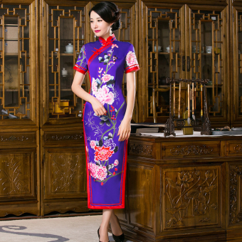 Chinese Style Dress Short Sleeves Long Section Floral Cheongsam (Blue) - Intl  