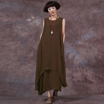 Chinese Style Fashion New Womens Casual Loose Dress Cotton Linen Dresses Long Maxi Vestidos Plus Size Femininas (Coffee) - intl  