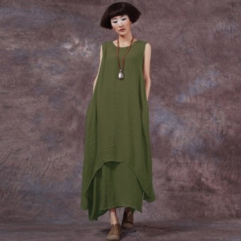 Chinese Style Fashion New Womens Casual Loose Dress Cotton Linen Dresses Long Maxi Vestidos Plus Size Femininas (Army Green) - intl  