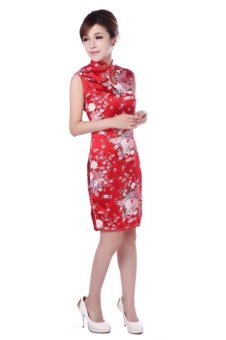 Chinese vintage sleeveless flower print cheongsam JY055 â€“ Red  