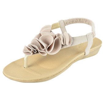 Cocotina Women Boho Flower Decor Flat Shoes Summer Beach Sandals Thong Slipper Casual Flip Flops (Beige)  