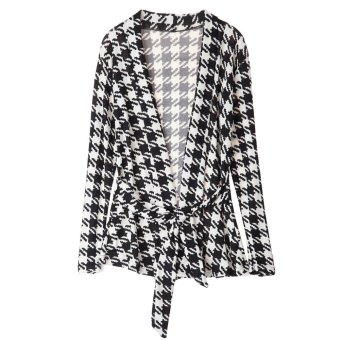 Collarless Long Sleeve Plaid Special Cut Lace-Up Women's Coat  