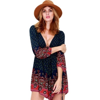 [COLORMIX] Retro Style Plunging Neck Flare Sleeve Allover Print Romper for Women(Int:S) - intl  