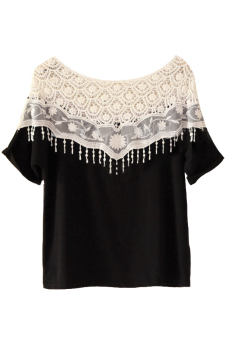 Crochet Lace Patchwork Short Sleeve T-shirt - (Black) (Intl)  