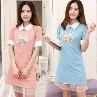 Cultivate One's Morality Fair Maiden Loose Stitching The A-line Dress with Short Sleeves In Spring and Summer School Long Skirt (pink)  