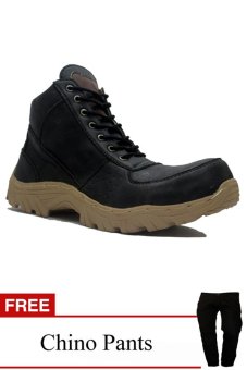 Cut Engineer Safety Boots Bast Quality Leather Black + Gratis Chino Pants  