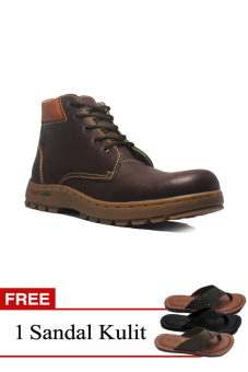 Cut Engineer Safety Boots Iron Composite Leather Brown + Gratis Sandal Kulit  