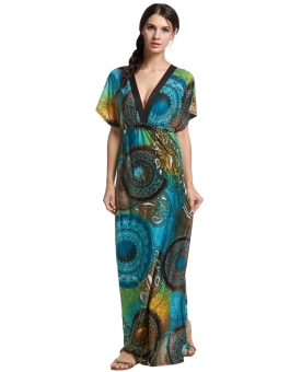 Cyber ACEVOG Women Cross V-neck Batwing Sleeve High Waist Bohemia Style Dress Maxi Print Party Beach Long Dress ( Lake Blue ) - intl  