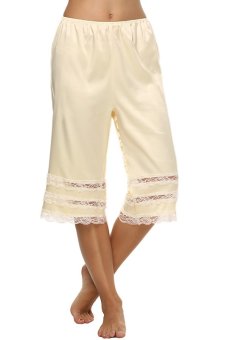 Cyber AVIDLOVE Women Casual Loose Elastic Waist Lace Trimming Patchwork Solid Culottes Slips Pants ( Beige )  