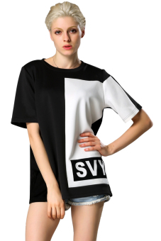 Cyber Black White Patchwork Ladies Women Short Sleeve Loose Casual Long T-shirt ( Multicolor )  