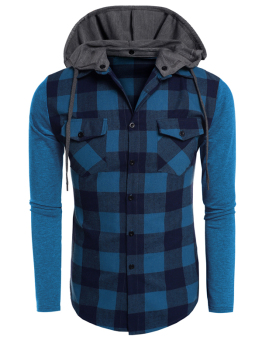 Cyber COOFANDY Men Fashion Hooded Long Sleeve Plaid Patchwork Button Down Casual Shirts ( Blue ) - intl  