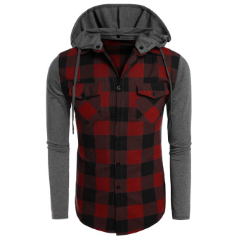 Cyber COOFANDY Men Fashion Hooded Long Sleeve Plaid Patchwork Button Down Casual Shirts ( Red ) - intl  