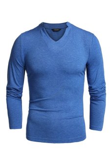 Cyber COOFANDY Men Long Sleeve V-Neck Pure Color Cotton Stretch Loose Casual Basic Tops T-shirt (Blue)  