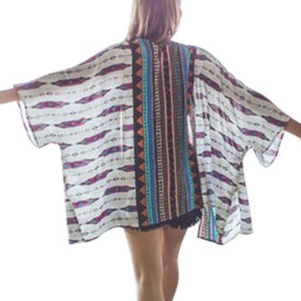 Cyber Cover Open Front Kimono Geometric Print Loose Top Chiffon Blouse Plus Size  