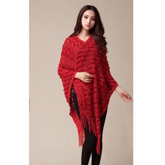 Cyber Fashion Women Korean Style Batwing Sleeve Fringe Irregular Hem Loose Cloak Cover Up Tops Knitting(Red)  