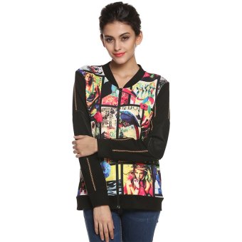 Cyber FINEJO Women Casual O-Neck Long Sleeve Print Patchwork Jacket Coat ( Black )  