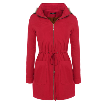 Cyber FINEJO Women Faux Fur Lined Stand Collar Fur Hooded Full Zip Waist drawstrings Parka Long Jacket Coat(Red)  