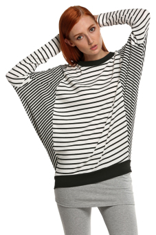 Cyber Ladies Batwing Chiffon Striped Long Sleeve Loose T-Shirt ( White )  