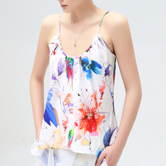 Cyber Ladies Women Strap Floral Vest Loose Casual Beach Chiffon Camisole Tank Tops ( White )  