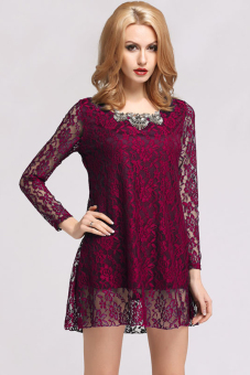 Cyber Lady Long Sleeve Floral Lace Casual Mini Dress (Red)  