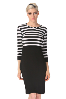 Cyber Lady Women's 3/4 Sleeve Striped Splicing Slim Bodycon Pencil Dress ( Black ) - intl  