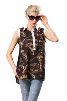 Cyber Lapel Collar Print Sleeveless Women Casual Chiffon T Shirt Fashion Summer Tshirt ( Coffee )  